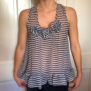 Navy and white striped blouse with flowers